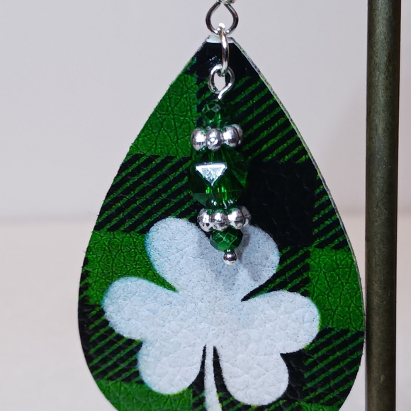 St. Patrick's day Earrings. Lt. wt. Vinyl shamrock print teardrop crystal dangle - Picture 3 of 4